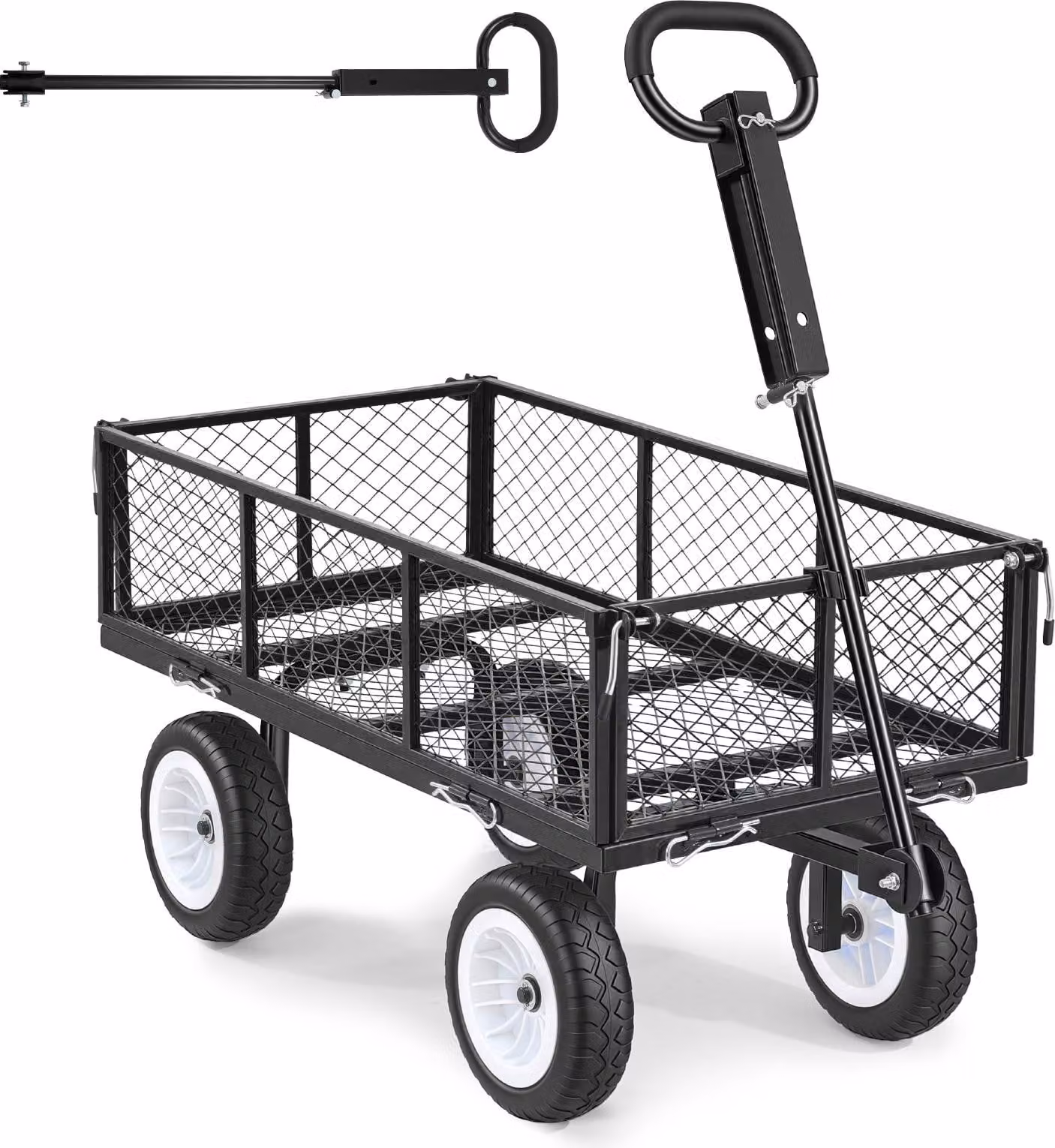 Carrello a mano per carichi pesanti SucceBuy con capacità di carico di 408,2 kg, carrello da giardino con ruote in PU, carrello di trasporto con maniglia regolabile e pareti laterali rimovibili, carrello a mano da fissare ad ATV o trattore, nero