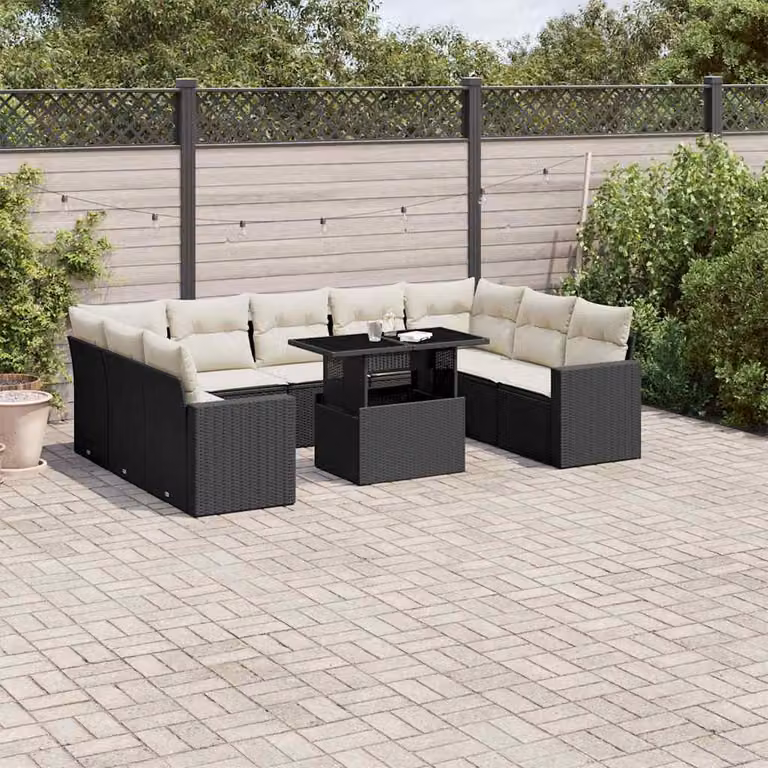 vidaXL Set Divani da Giardino a L 10 Pezzi in Polyrattan Nero con Cuscini e Tavolino da Esterno