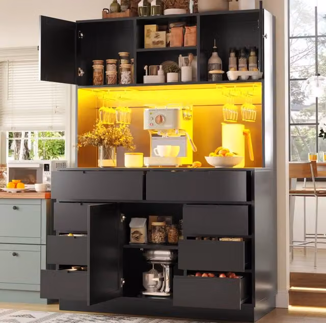 Mobile cucina alto ULEVR 120x40x183,5 cm in MDF nero con 8 cassetti, ripiani regolabili, LED intelligente e USB