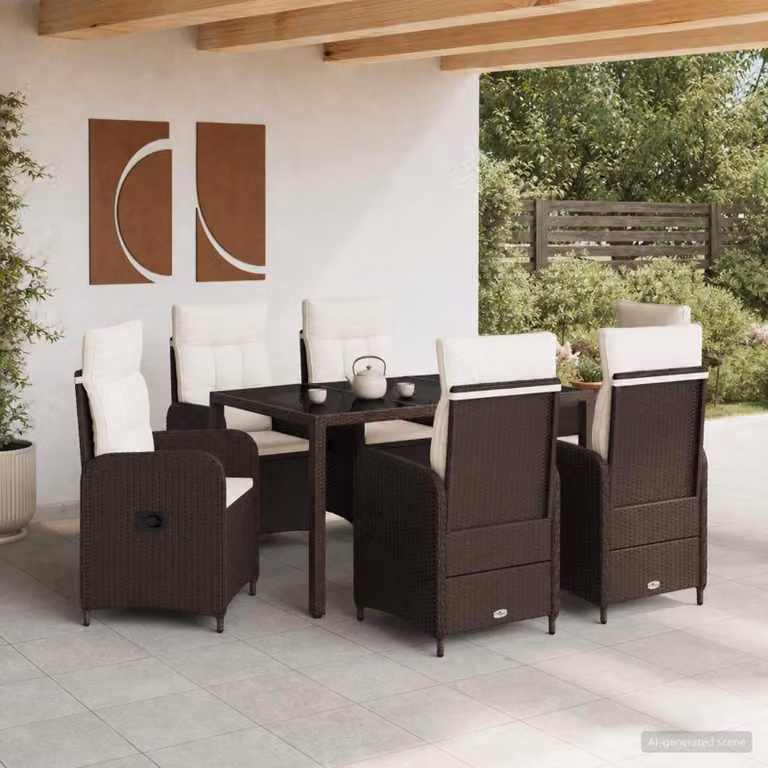 Set da pranzo per esterni vidaXL in polyrattan e vetro, 7 pezzi, Marrone e Bianco