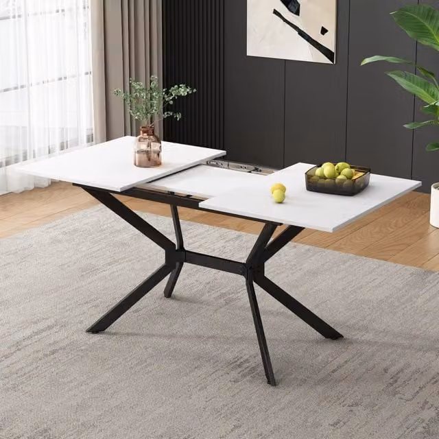 Tavolo da Pranzo Allungabile Rettangolare ¨C MINIMAL ¨C Bianco, Gambe in Metallo Nero, 120/160x80 cm, 4-6 Persone