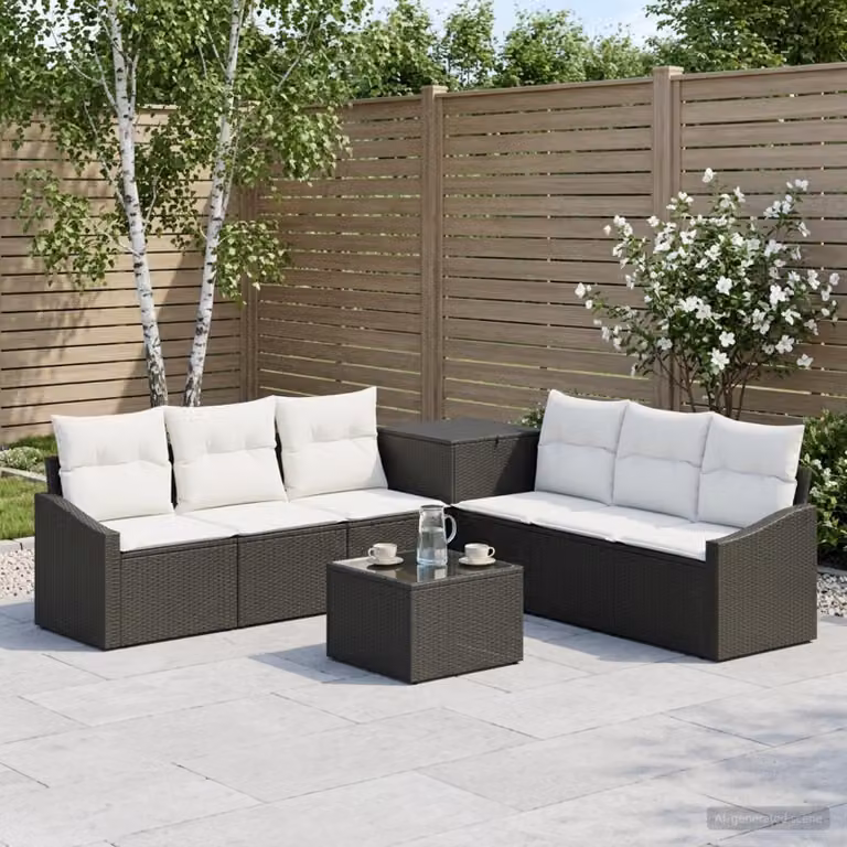 Set di divani da giardino vidaXL a forma di U in polyrattan nero e bianco con cuscini inclusi e tavolino da caffè
