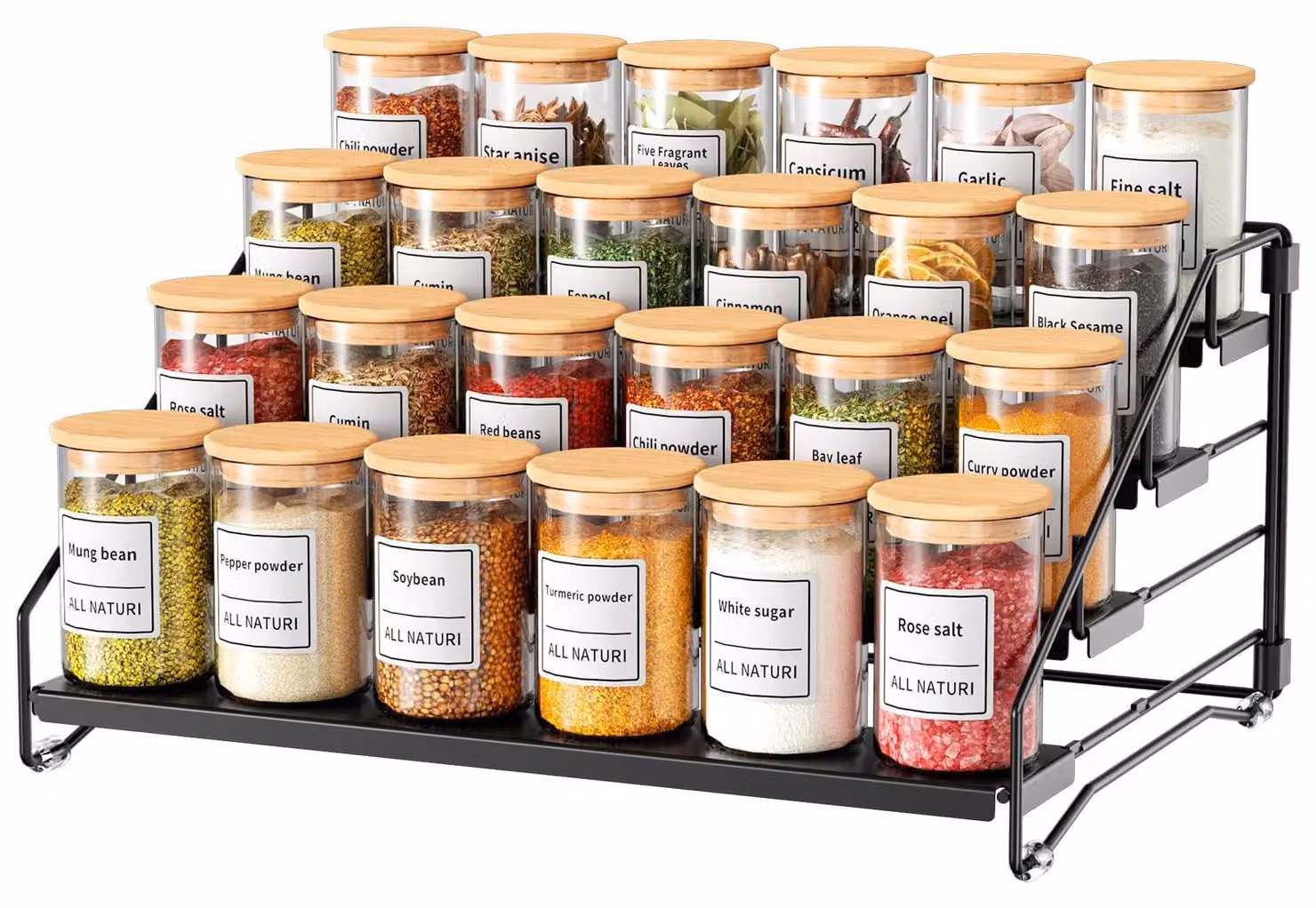 Omgoods - Porta spezie a 4 ripiani - Porta spezie da pavimento - Regolabile - Scaffali per spezie in metallo - Organizzatore per la cucina - Capacità massima di 24 flaconi di spezie - Portaoggetti per la cucina