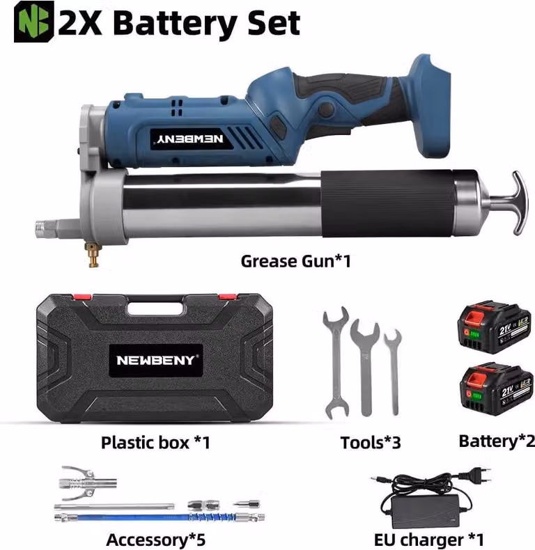 Pompa elettrica per grasso - Pistola lubrificante a batteria - Alta pressione 96 MPa - 800 W - Serbatoio da 650 cc - Tubo flessibile da 35 cm - Luce di lavoro a LED - 2 batterie da 18 V - Rosso