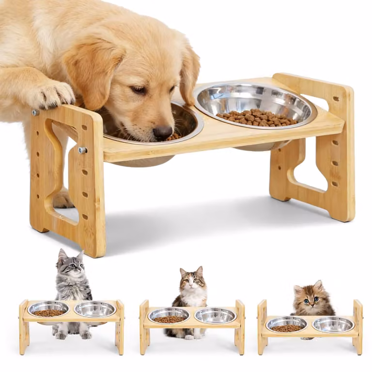 Omgoods - Ciotola rialzata per cani in legno, con altezza regolabile