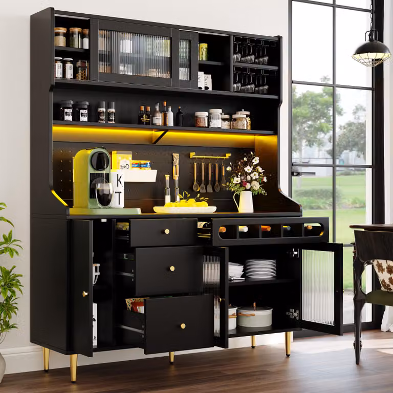 okwish Mobile alto da cucina / credenza con illuminazione a LED, mobile portabottiglie con modulo estraibile, mobile da soggiorno, nero