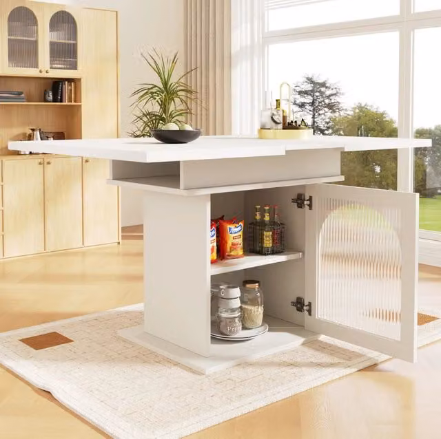Tavolo da pranzo estensibile ULEVR 110-140x80 cm con 3 ripiani regolabili e ante in vetro arcobaleno, bianco