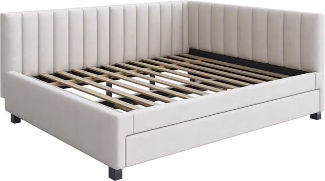 Letto estraibile matrimoniale in velluto beige con rete, senza materasso, L/P/H: 209.5 x 140 x 120 cm e 190 x 90 cm