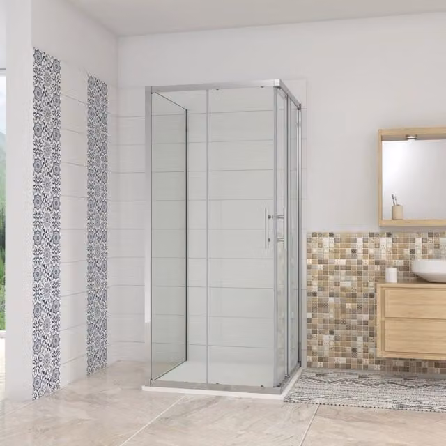 H.195 cm Box Doccia a 3 Lati 90x90x90 cm Porta Scorrevole 90 cm Doppia Parete Fissa da 90 cm in Vetro Trasparente Anticalcare da 6mm Cromato Lucido