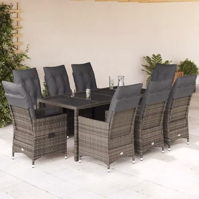 Set da pranzo da giardino vidaXL in polyrattan e vetro grigio con 9 pezzi