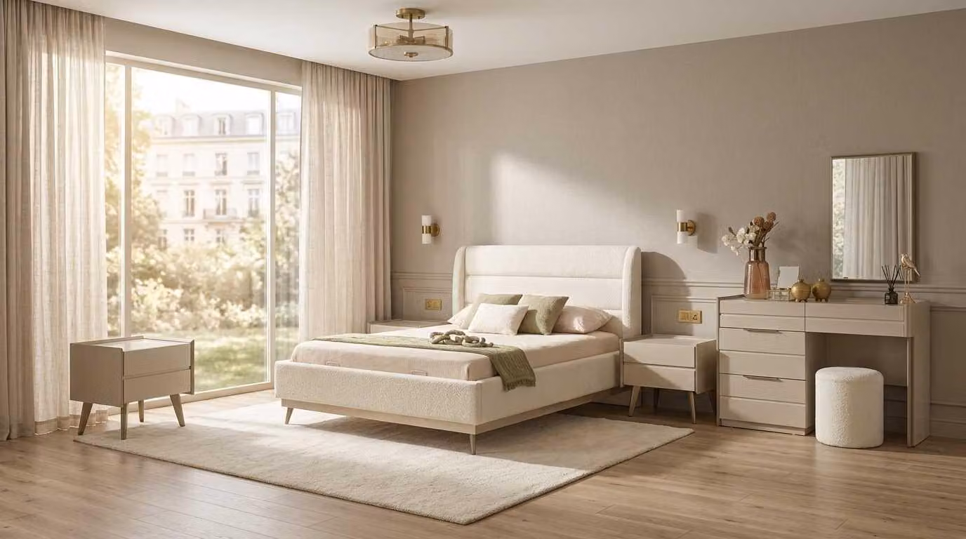 Set per camera da letto beige, moderno, letto, comodino, specchio, poggiapiedi
