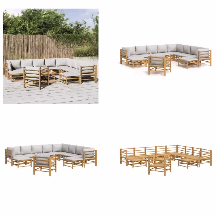 vidaXL Set da salotto da giardino 12 pezzi con cuscini in bambù grigio chiaro - Set da salotto da giardino - Set da salotto - Set da arredo da giardino