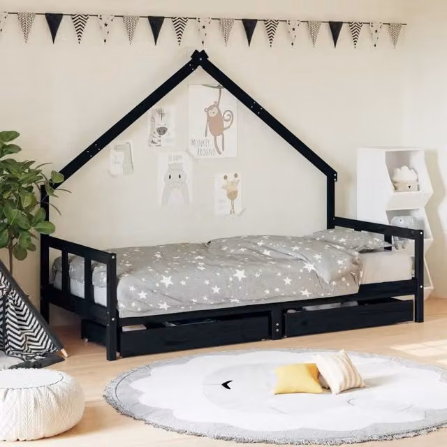 Letto a casetta per bambini vidaXL in legno massello di pino con cassetti nero 90 x 200 cm – 1