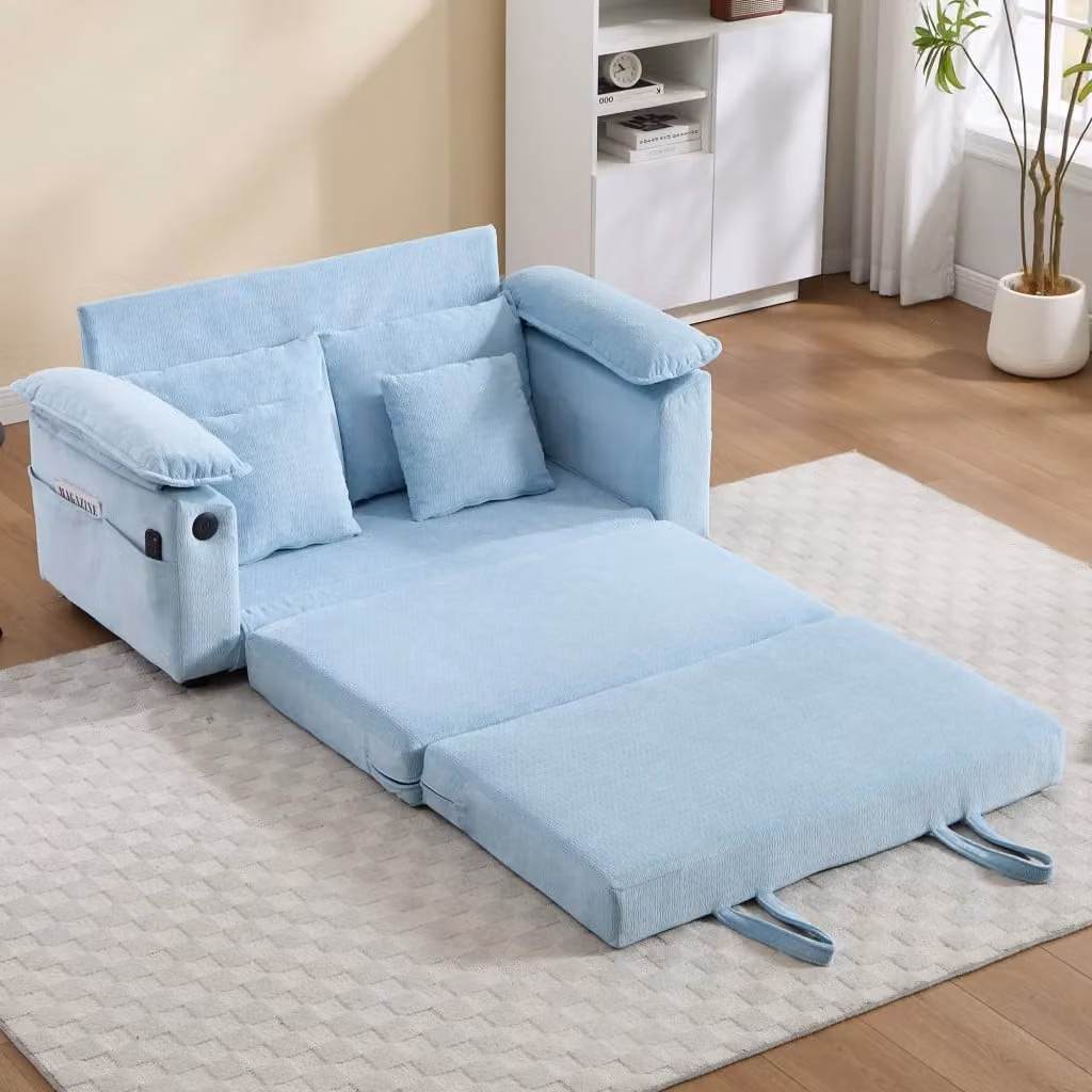 Poltrona singola moderna MIVRAY in ciniglia blu con braccioli e cuscini per testa e zona lombare, ideale per soggiorno, camera da letto o ufficio