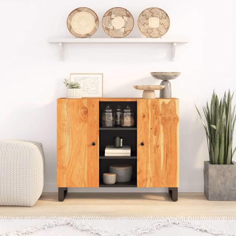 Credenza vidaXL con 2 Ante in Legno Massello di Acacia Marrone L: 90 cm, P: 33 cm, H: 75 cm
