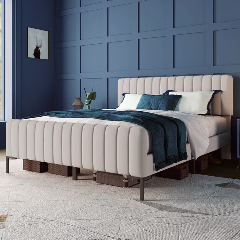 Letto imbottito Merax 140x200cm con testata regolabile in altezza e rete a doghe, letto imbottito per ragazzi letto singolo per bambini con rivestimento in lino in beige