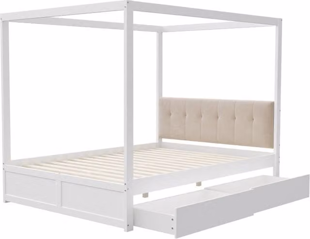Letto a baldacchino bianco 140x200 cm con comode cassetti e schienale imbottito