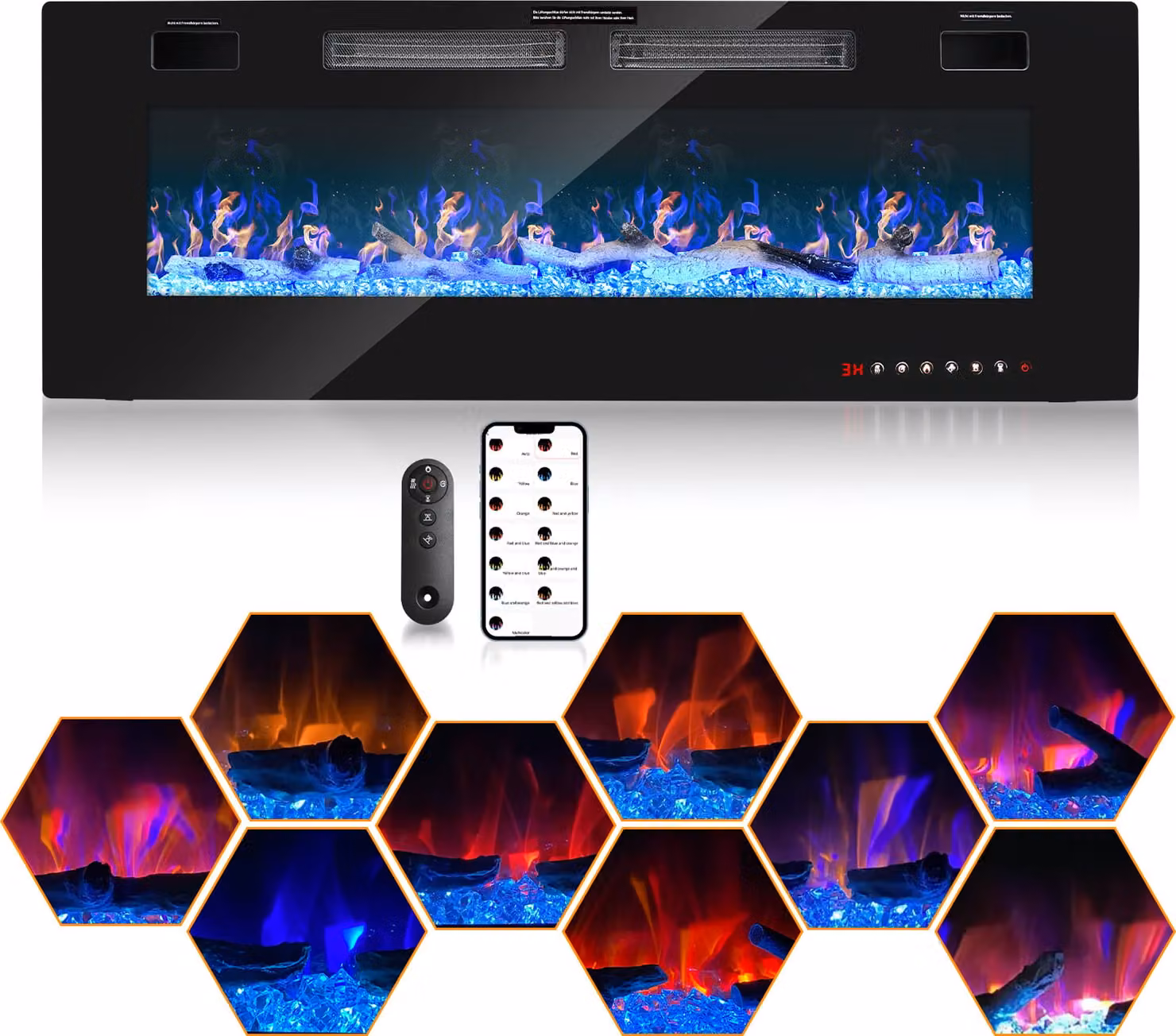 Jopassy caminetto elettrico da parete caminetto elettrico con riscaldamento 12 modalità di colore effetto fiamma LED, 750/1500 W caminetto stufa da parete e da incasso caminetto da parete riscaldamento funzione app telecomando touch screen, nero