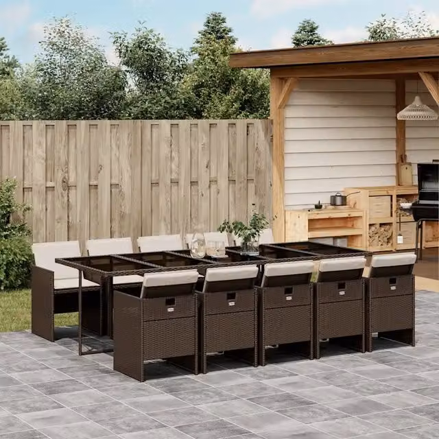 Set da pranzo da giardino vidaXL in polyrattan marrone e bianco con 11 pezzi e cuscini