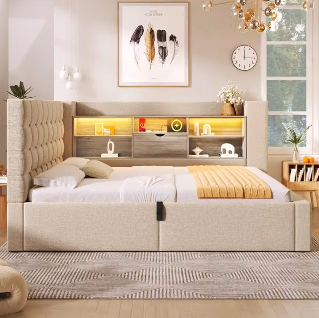 Letto matrimoniale MODFU con contenitore a sollevamento, illuminazione LED sottostante, porta USB e mensola laterale, beige, L/P: 140 x 190 cm