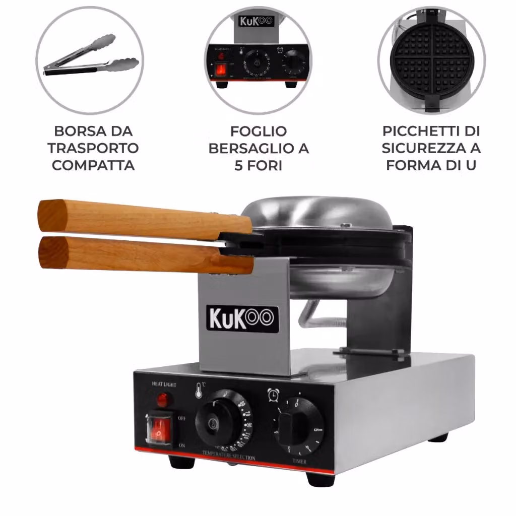 Macchina per Waffel Commerciale Rotante Monster Shop 1000W con Piastre Antiaderenti Round e Belgian Brussels in Acciaio Inox e Alluminio, Colore Silver – 2