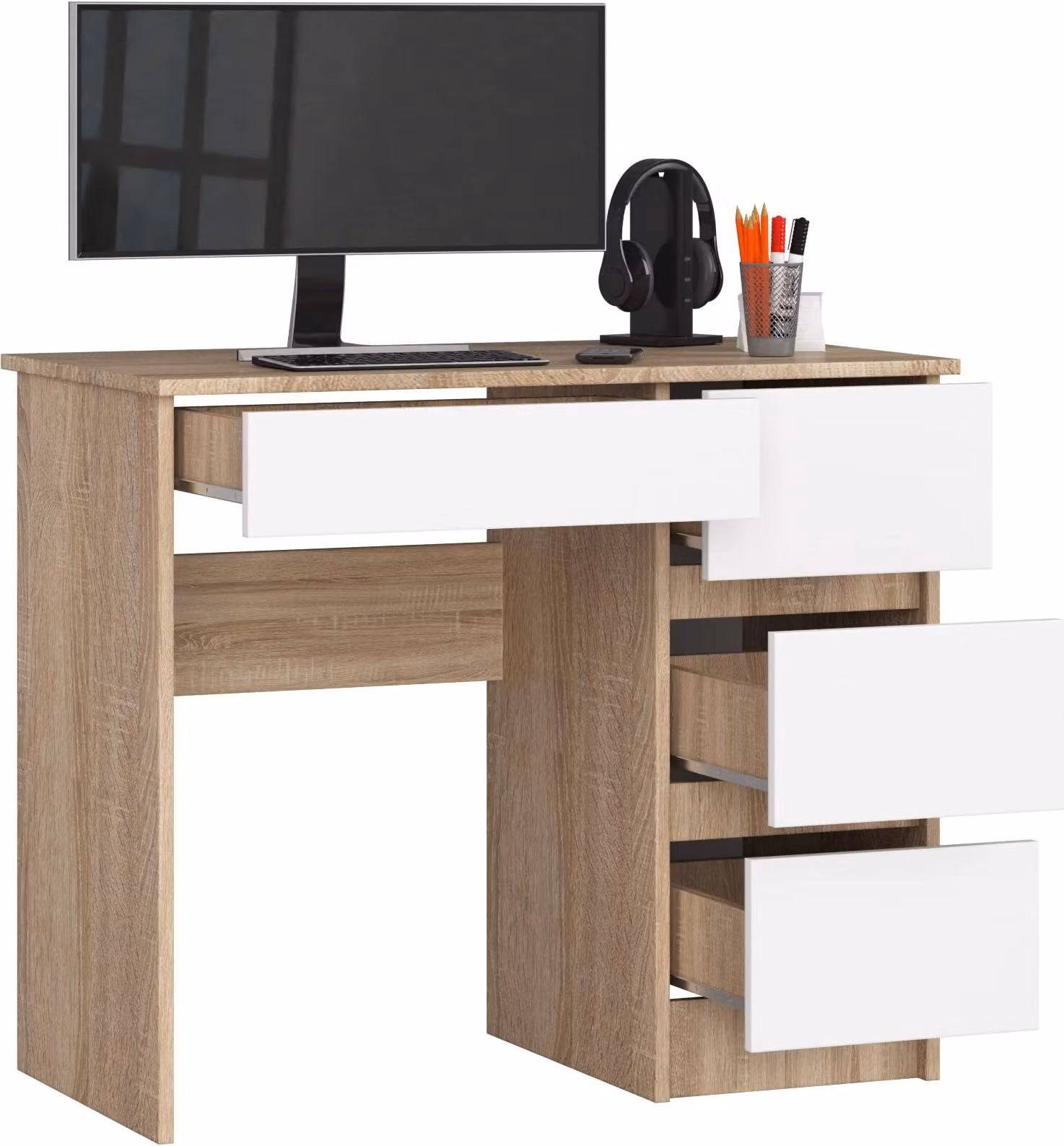 BDW scrivania per ufficio con 4 cassetti, scrivania da gioco, rovere Sonoma / bianco destro