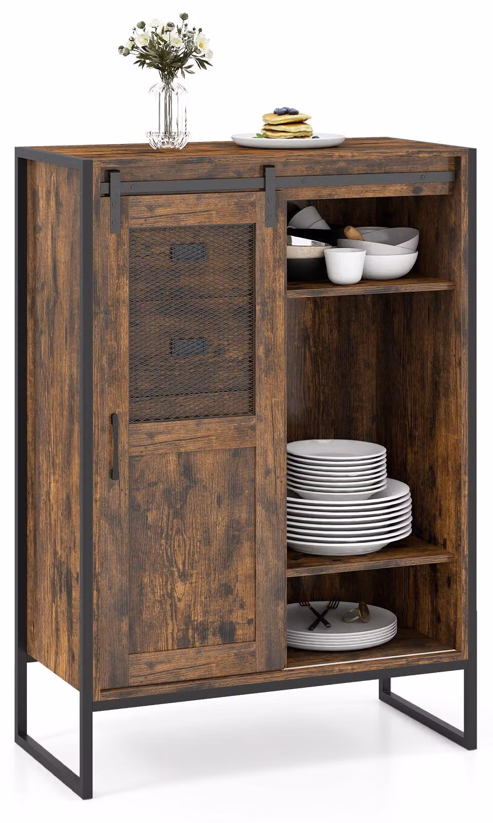 COSTWAY Armadio contenitore da terra, organizer rustico con ante scorrevoli, 5 cassetti e ripiani, credenza per bagno, soggiorno