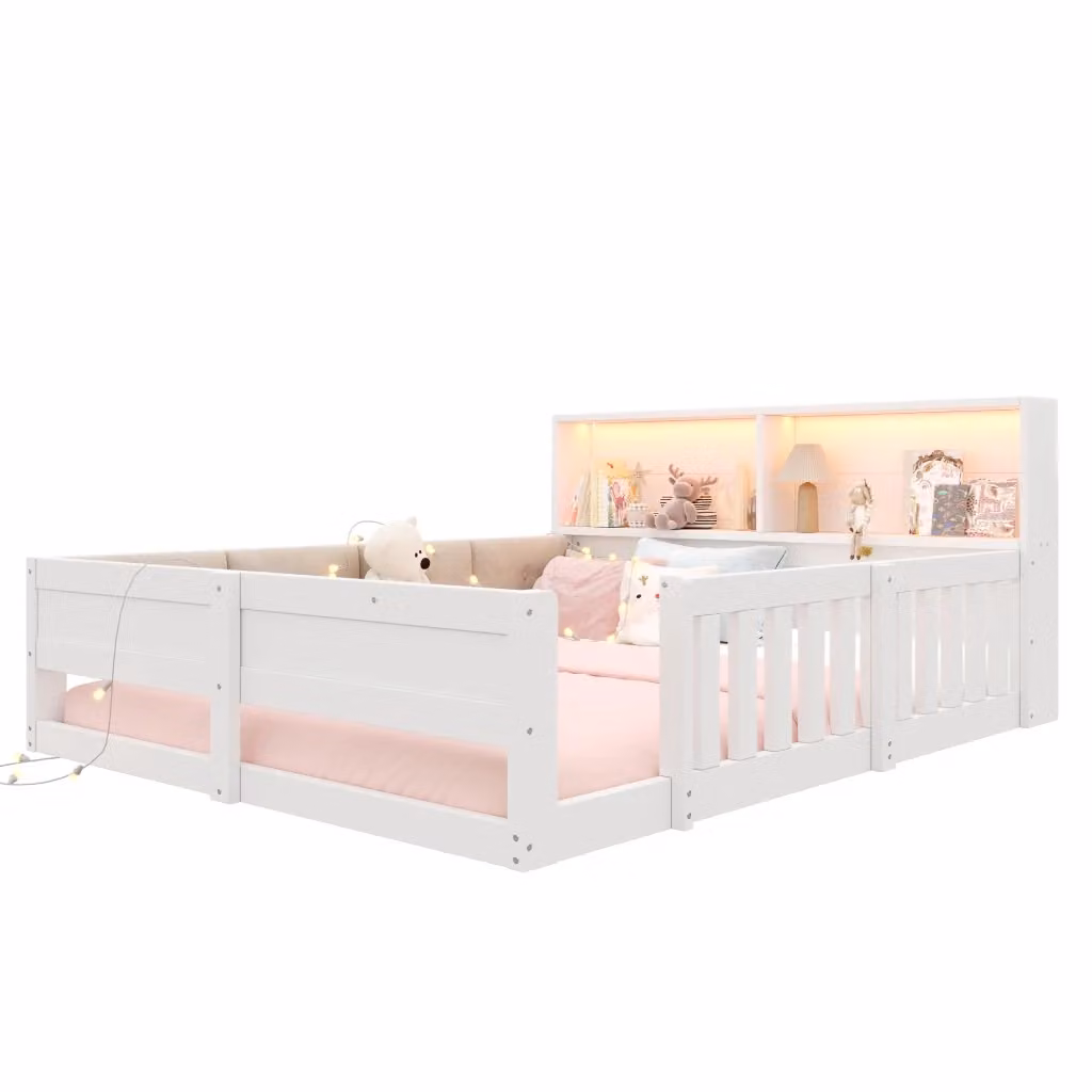 Letto singolo Minimal bianco con illuminazione LED sottostante e ripiani laterali, L/P: 140 x 200 cm – 2