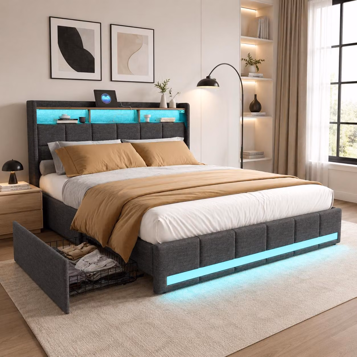 Letto imbottito INONEFT, 180x200 cm, con illuminazione LED e prese USB, letto matrimoniale per ragazzi con 4 cassetti e 3 vani portaoggetti, tessuto in lino, colore grigio