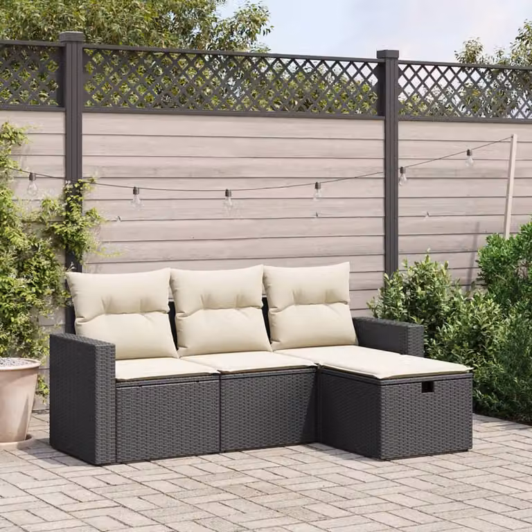 vidaXL Set Divani da Giardino a L in Polyrattan con Cuscini, 4 Pezzi, Nero e Bianco