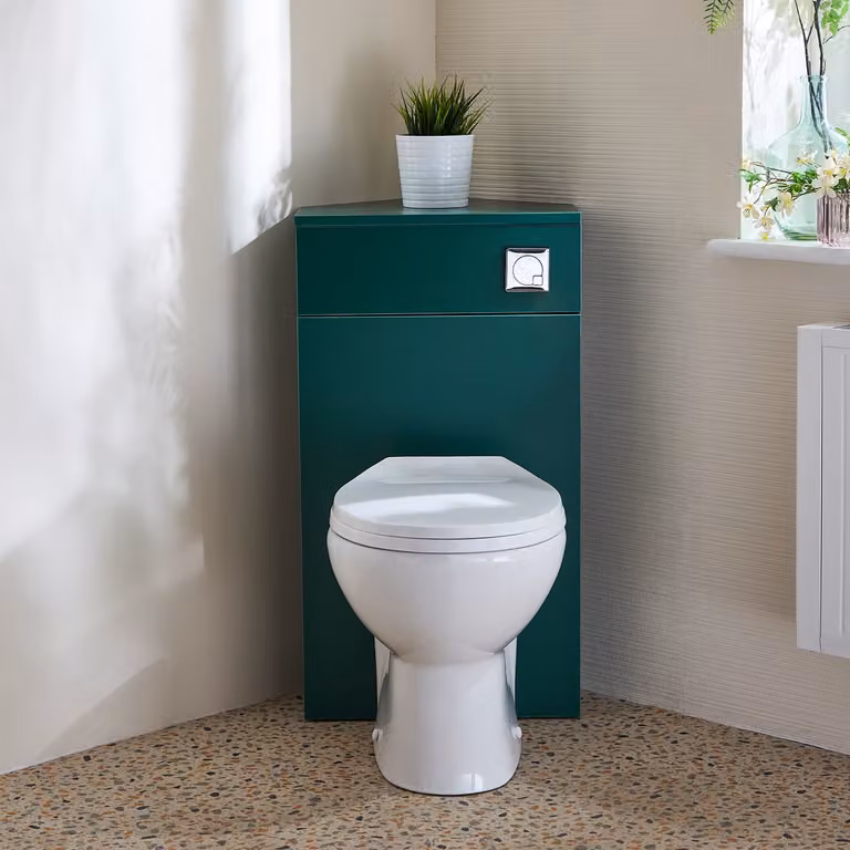 Unità WC Angolare in Verde Scuro con Sanitario a Filo Muro Select e Pulsante di Scarico Cromato - Cluo