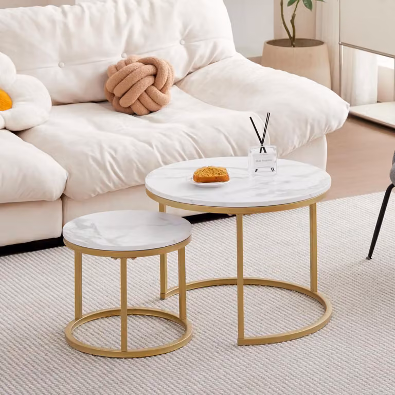 Set di 2 tavolini rotondi, impilabili, con aspetto marmorizzato, gambe dorate, bianco e oro, dimensioni 60x45 cm e 40x35 cm