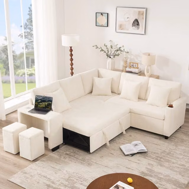 Divano letto angolare modulare MIVRAY a 5 posti in tessuto beige con chaise longue reversibile, vano contenitore e porte USB, L 220 x P 160 x H 86.5 cm