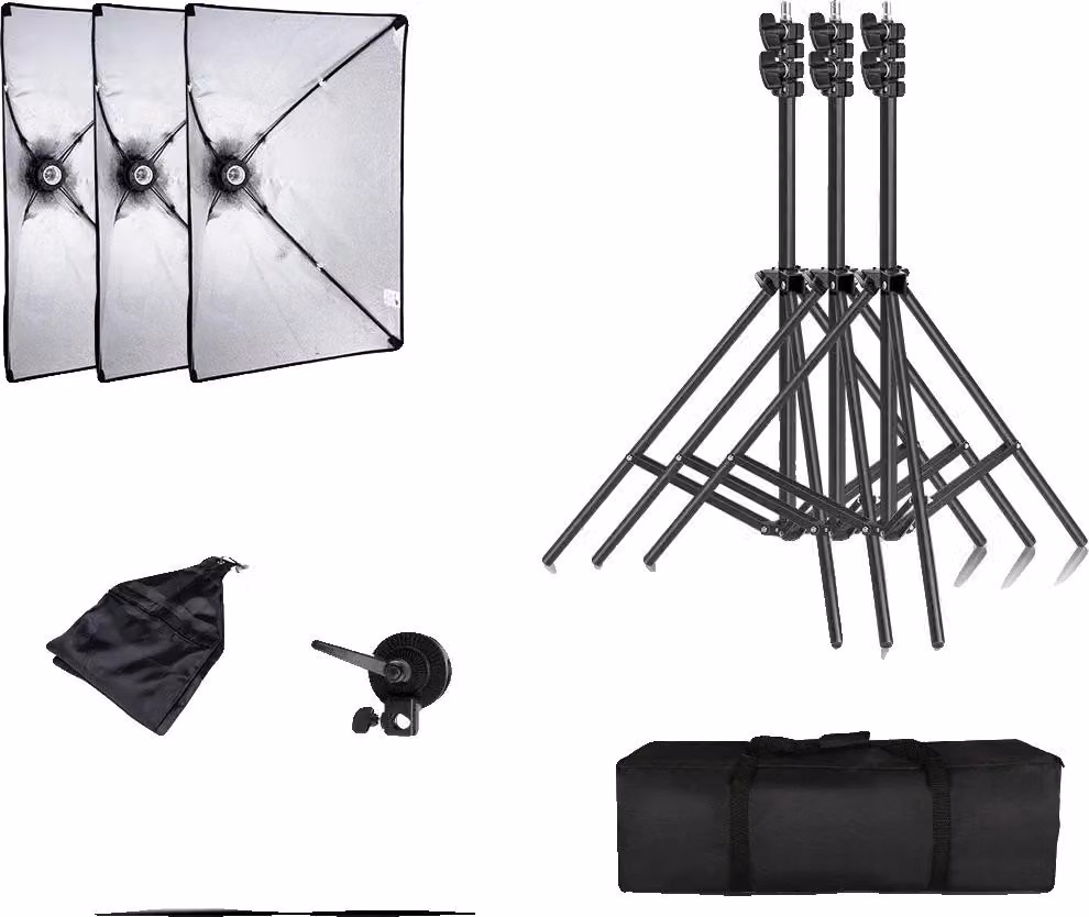 Set di illuminazione con softbox, stativo regolabile, compatibile con attacchi E27, 3 lampadine da 20 W