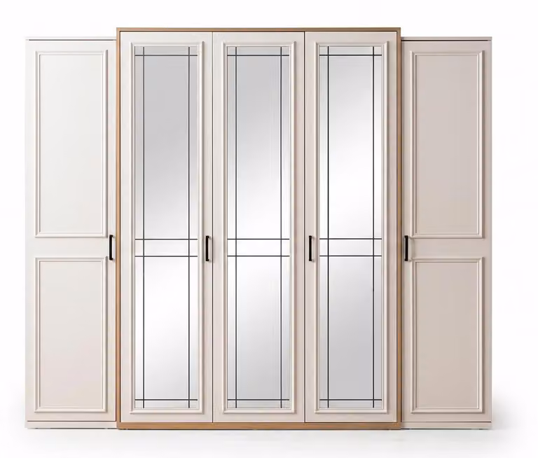 Armadio elegante a 5 ante con specchio, colore crema, stile classico