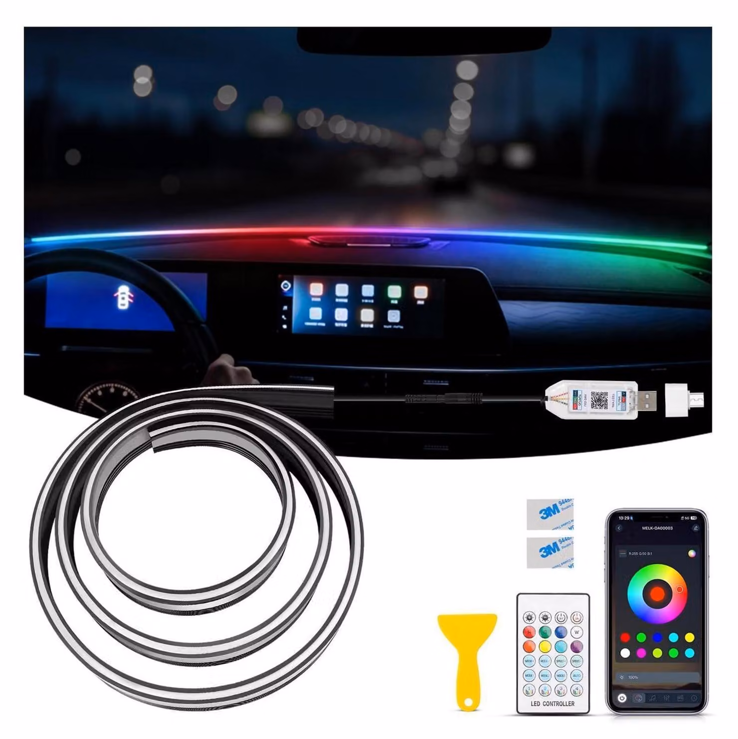 Illuminazione ambientale LED per auto, 150 cm, illuminazione interna RGB con riduzione del rumore, 16 milioni di colori, controllo tramite app