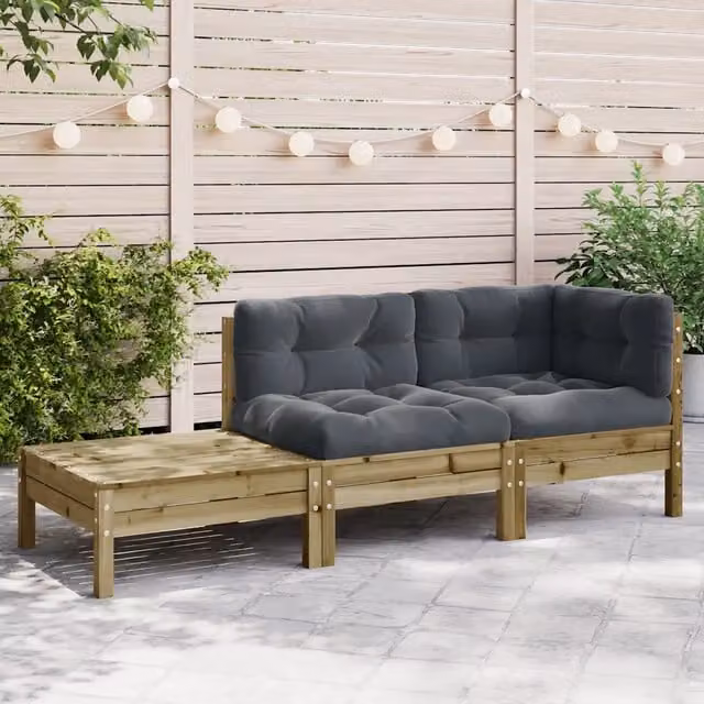 Divano esterno-Divano Giardino con Cuscini e Poggiapiedi Legno Pino Impregnato