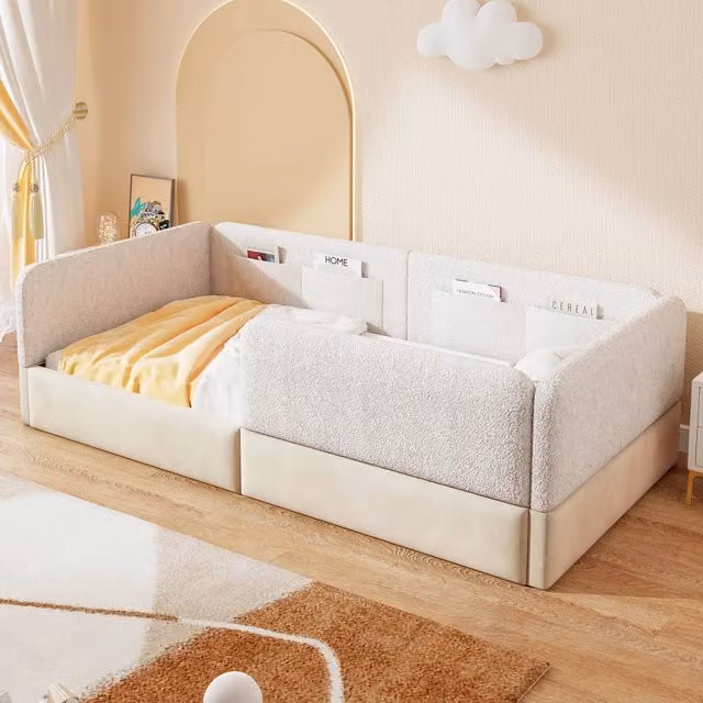 Letto singolo imbottito 90x200 cm con sponde laterali; struttura in MDF e rivestimento bianco