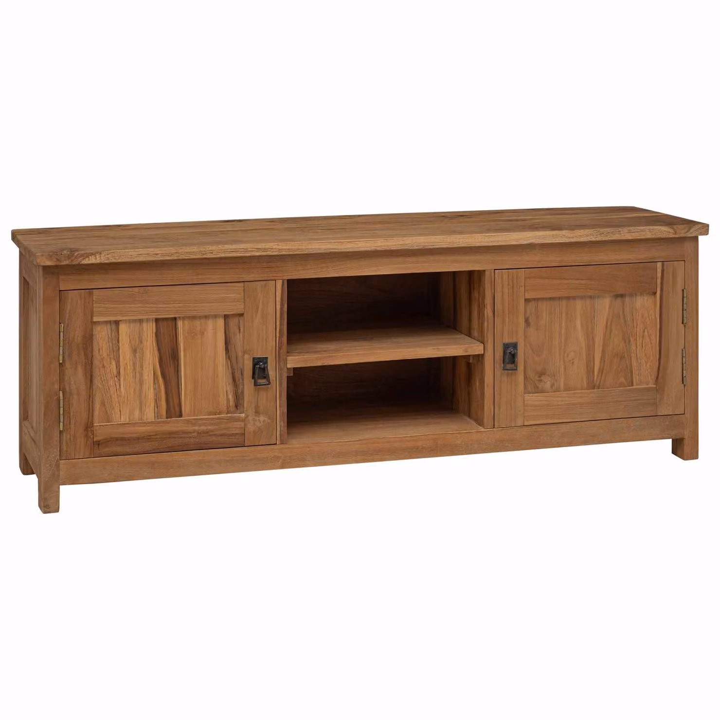 Mobile TV vidaXL in legno di teak solido e metallo, colore marrone, L 110 x P 30 x H 40 cm