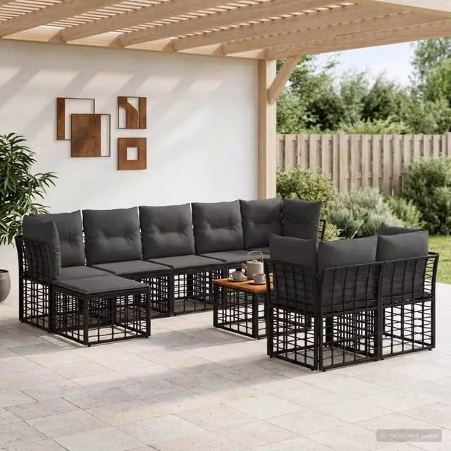 Set di divani da esterno 10 pz Nero e Grigio scuro Poliestere 3437567
