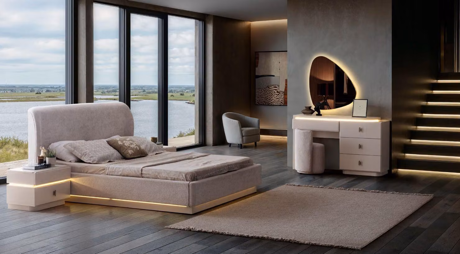 Schlafzimmermöbel Set mit Bett Nachttisch und Designer Schminktisch