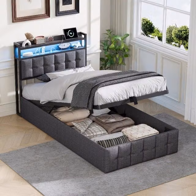 Letto Contenitore Singolo 90x200 cm; Letto imbottito con LED e USB; Letto idraulico con Rete a doghe e Testiera con Contenitore; Lino Grigio