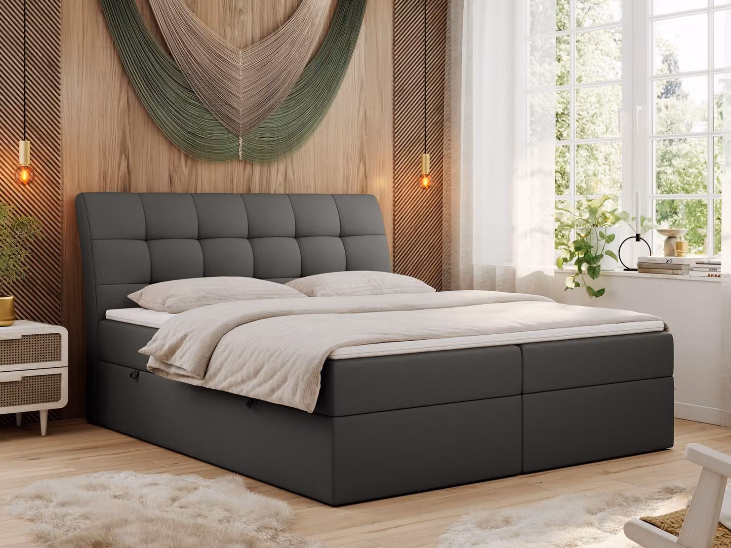 Letto boxspring 160x200 con materasso, letto con materasso Multipocket - H4 e topper, letto imbottito 160x200 con contenitore e testiera, DIEGOS - 160x200 - Grigio scuro - Ecopelle - H4