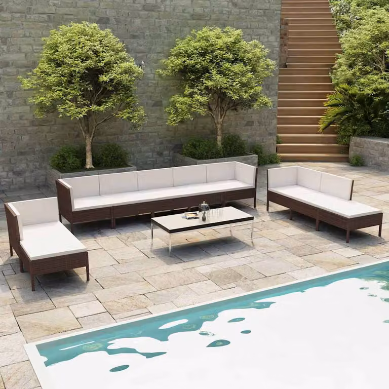 Set di divani da giardino vidaXL 10 pezzi con cuscini in rattan marrone e bianco con struttura in acciaio e forma a U