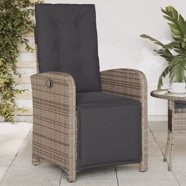 Sedia Reclinabile da Giardino vidaXL in Polyrattan Grigia con Poggiatesta Regolabile e Braccioli – 1