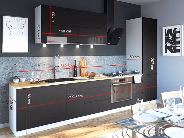 Mobile cucina FLORENCE con piano di lavoro 372cm bianco fronte ardesia grigio semi opaco estensione parziale