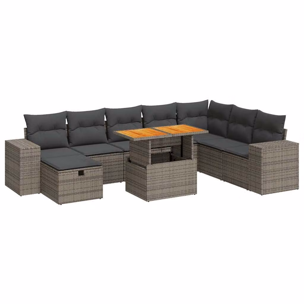 Set Divano da Giardino 9pz con Cuscini Grigio Polyrattan Acacia