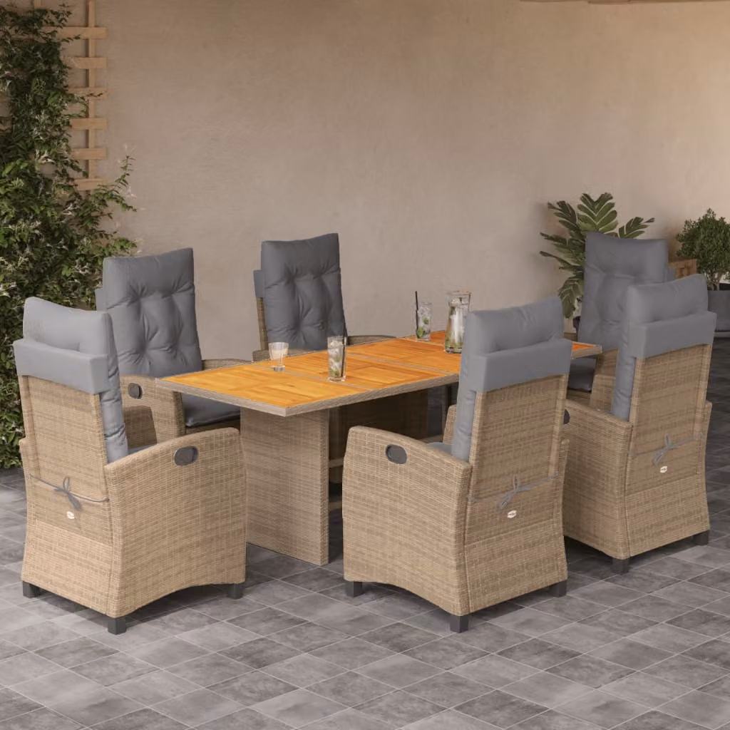 Set Pranzo da Giardino vidaXL in Polyrattan e Legno di Acacia con 7 Cuscini Beige e Grigio – 1