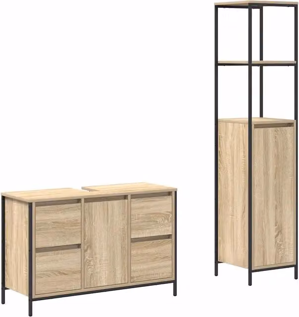 Set di mobili per il Bagno | Armadio da bagno con porta 2 pz Rovere Sonoma e Nero