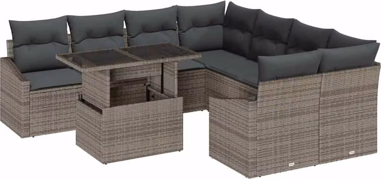 Set Divano da Giardino 9 pcs Grigio Poly Rattan